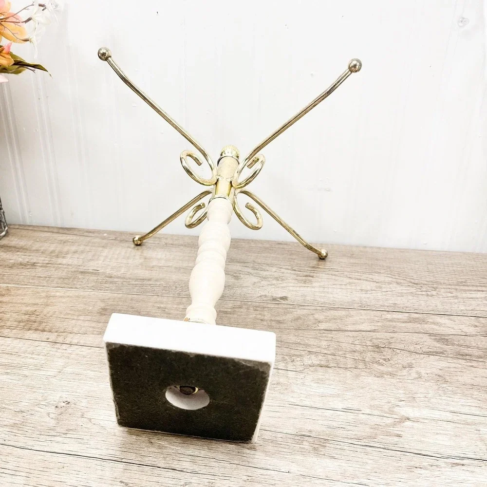 Vintage Brass Marble Jewelry Stand, 4-Arm Rotating Organizer Decor
